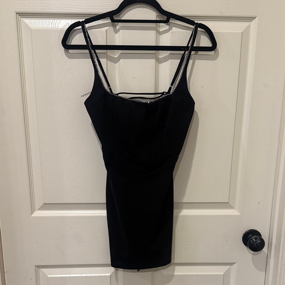 Lucy in the Sky flawed black rhinestone mini dress, medium